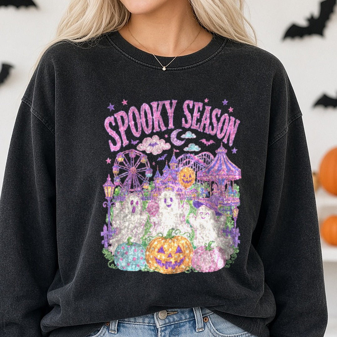 Spooky Season Cute Ghosts Halloween Carnival Pumpkins DTF transfer shown on a Comfort Colors sweatshirt