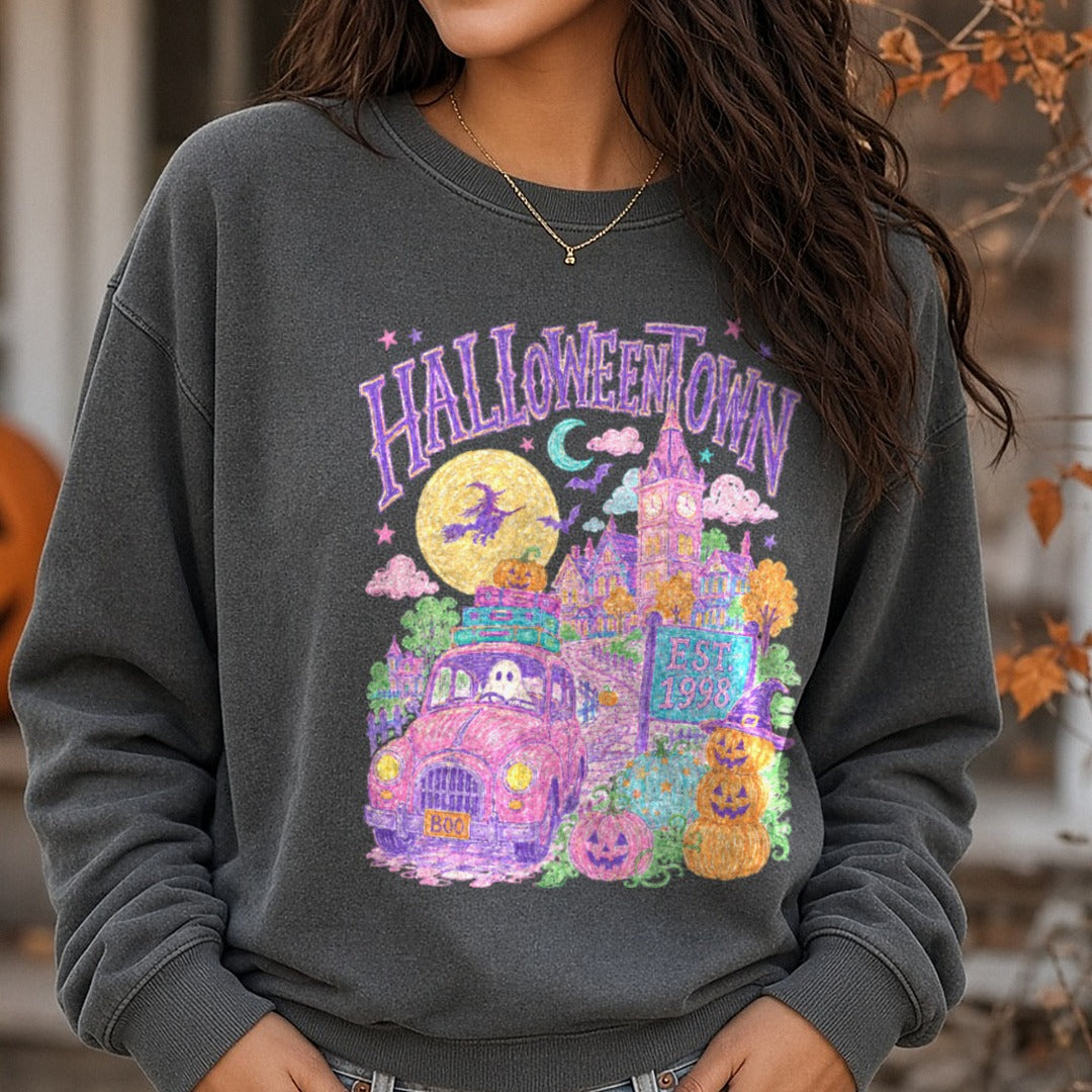 Halloweentown Est. 1998 Pastel Ghost Car Pumpkin Town DTF transfer shown on a Comfort Colors sweatshirt