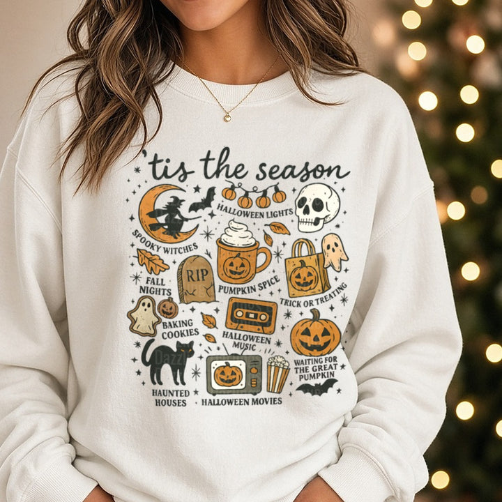 Tis The Season Halloween Icons Collage Fall Spooky Elements DTF transfer shown on a Comfort Colors sweatshirt