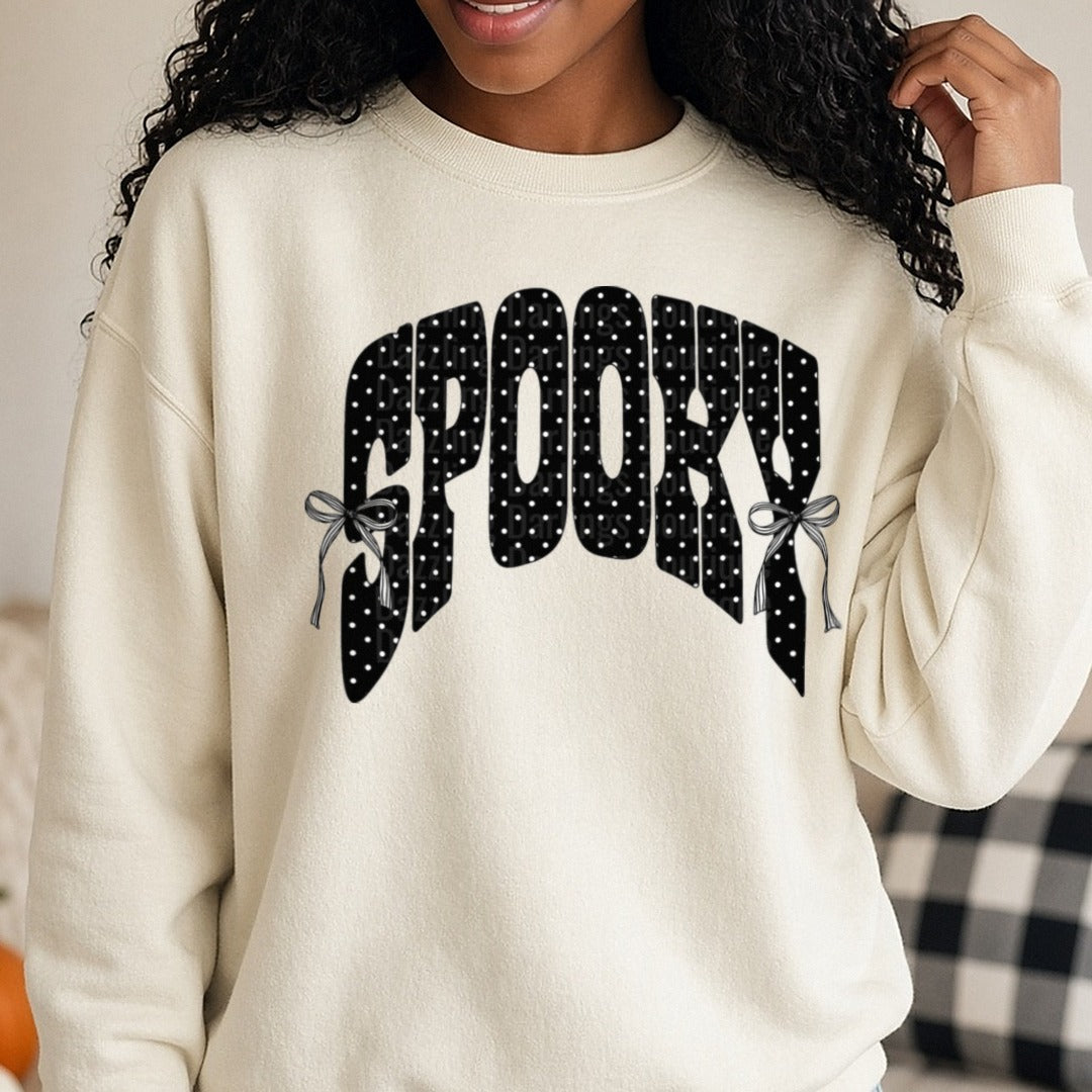 Spooky Arched Black Polka Dot Text with Ribbon Bows DTF transfer shown on a Comfort Colors sweatshirt