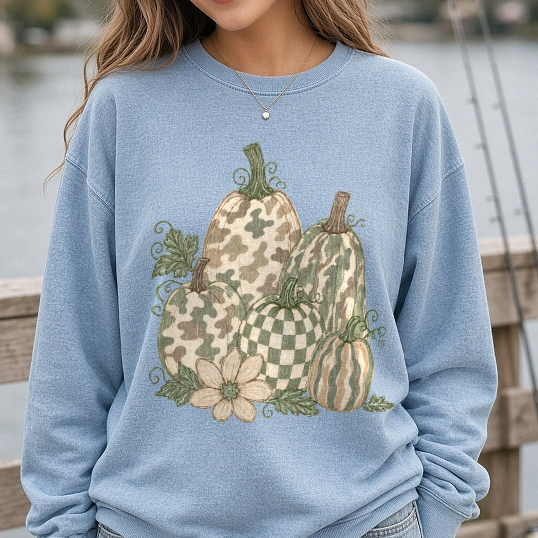 Sage Green Camo Checkered Pumpkin Cluster Fall Harvest DTF transfer shown on a Comfort Colors sweatshirt