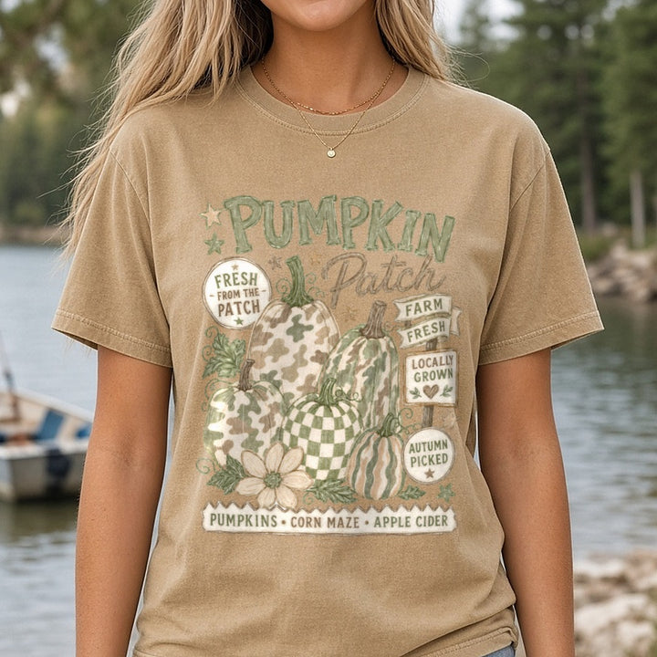 Pumpkin Patch Farm Fresh Sage Green Camo Checkered Gourds DTF transfer shown on a Comfort Colors tee
