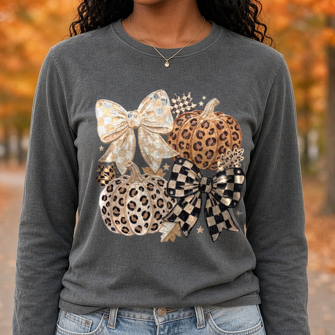 Leopard Print Checkered Pumpkins Bows Fall Autumn Coquette DTF transfer shown on a Comfort Colors long sleeve tee