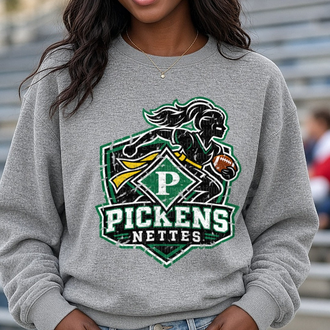 Pickens Nettes Football Girl Running Back Shield Logo DTF transfer shown on a Comfort Colors sweatshirt