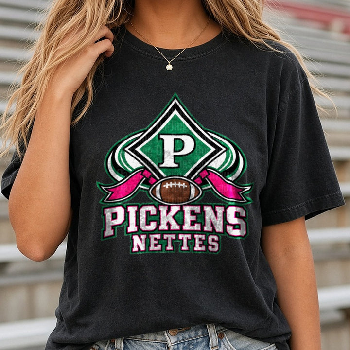 Pickens Nettes Football Logo Green Pink Ribbon Design DTF transfer shown on a Comfort Colors tee