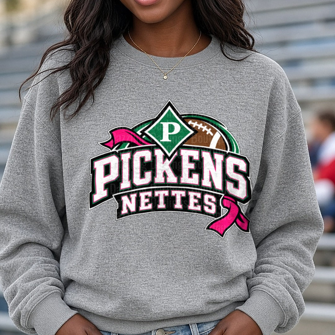 Pickens Nettes Football Pink Ribbon Logo DTF transfer shown on a Comfort Colors sweatshirt
