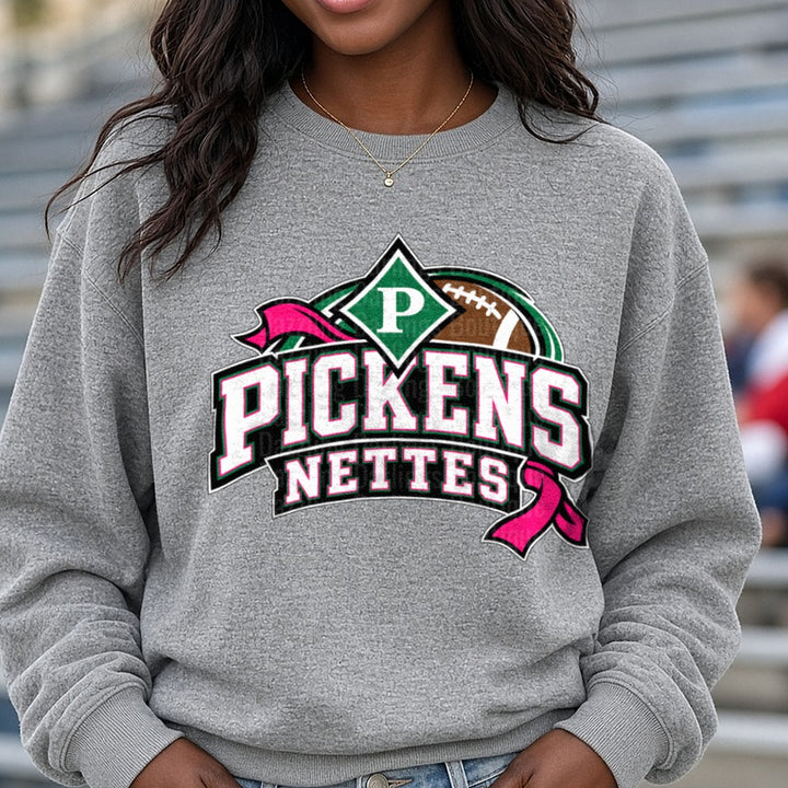 Pickens Nettes Football Pink Ribbon Logo DTF transfer shown on a Comfort Colors sweatshirt