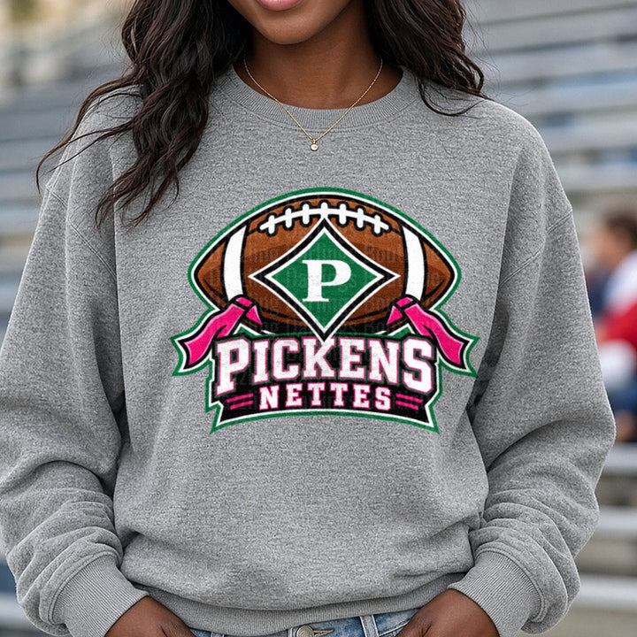 Pickens Nettes Football Logo Green Pink Ribbon Banner DTF transfer shown on a Comfort Colors sweatshirt