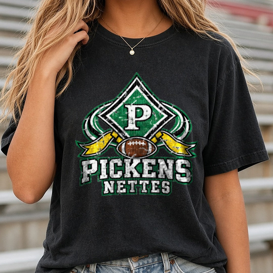 Pickens Nettes Football Distressed Green Gold Spirit Logo DTF transfer shown on a Comfort Colors tee
