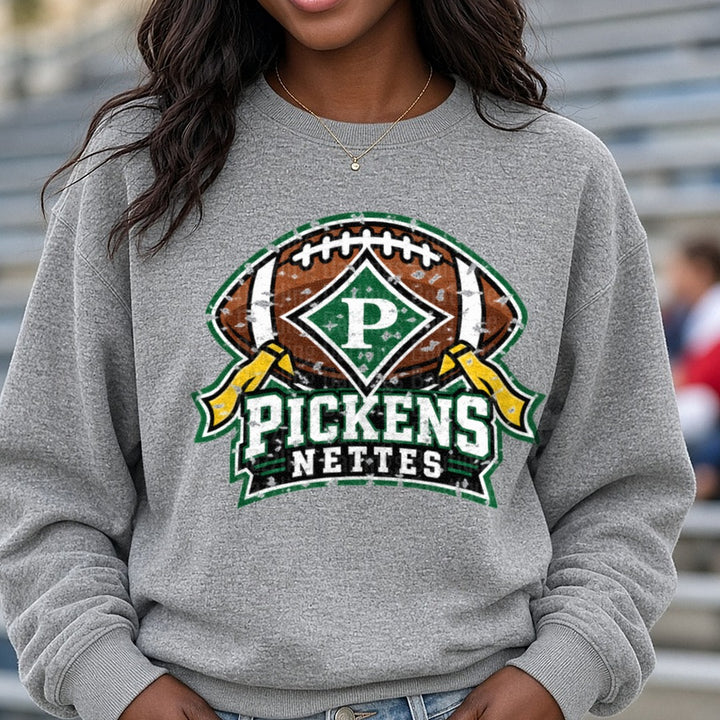 Pickens Nettes Football Gloves Distressed Logo Design DTF transfer shown on a Comfort Colors sweatshirt