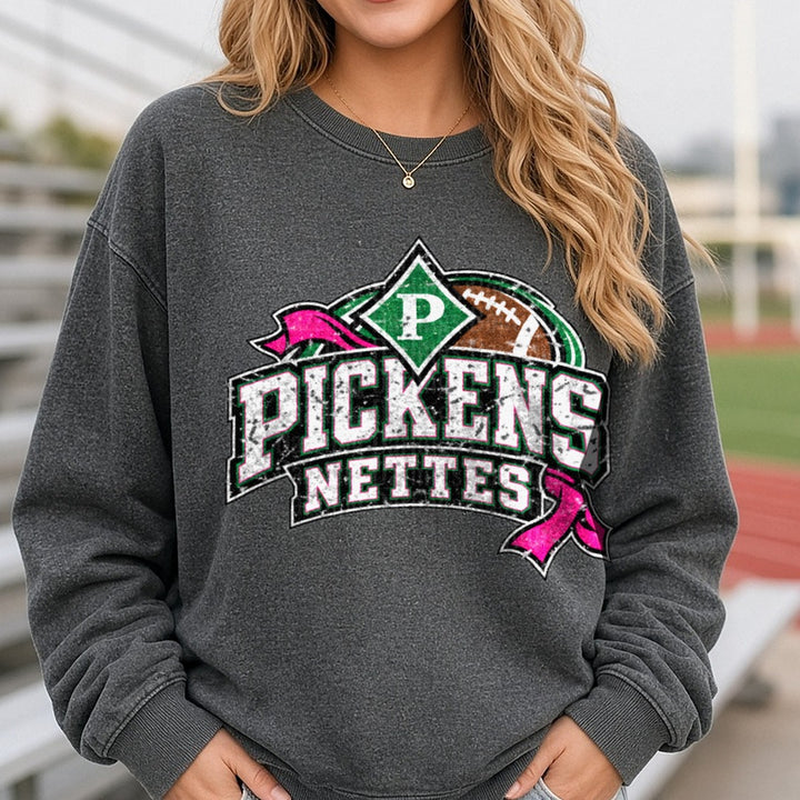 Pickens Nettes Football Pink Ribbon Distressed Logo DTF transfer shown on a Comfort Colors sweatshirt