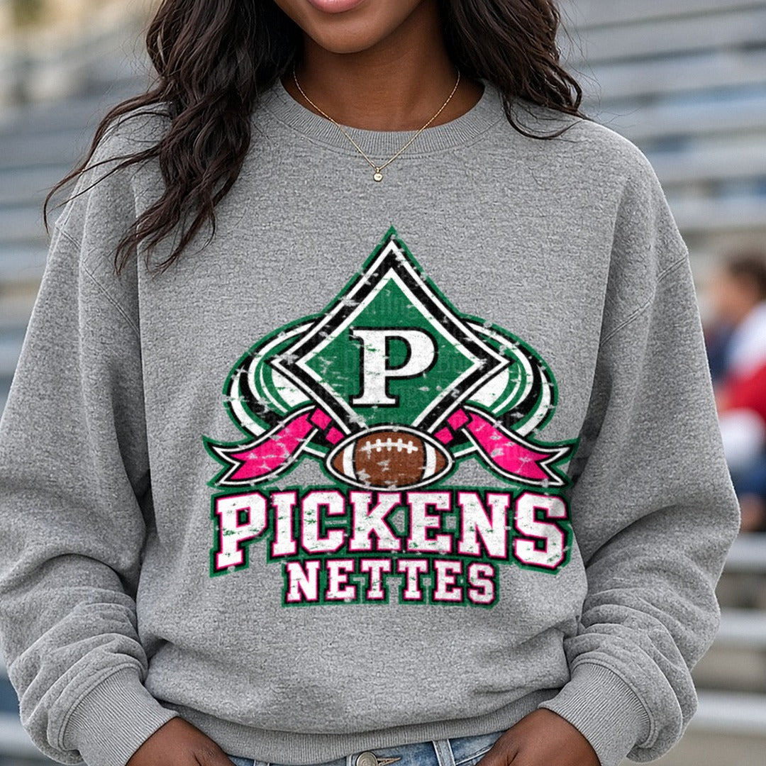 Pickens Nettes Football Distressed Green Pink Spirit Logo DTF transfer shown on a Comfort Colors sweatshirt