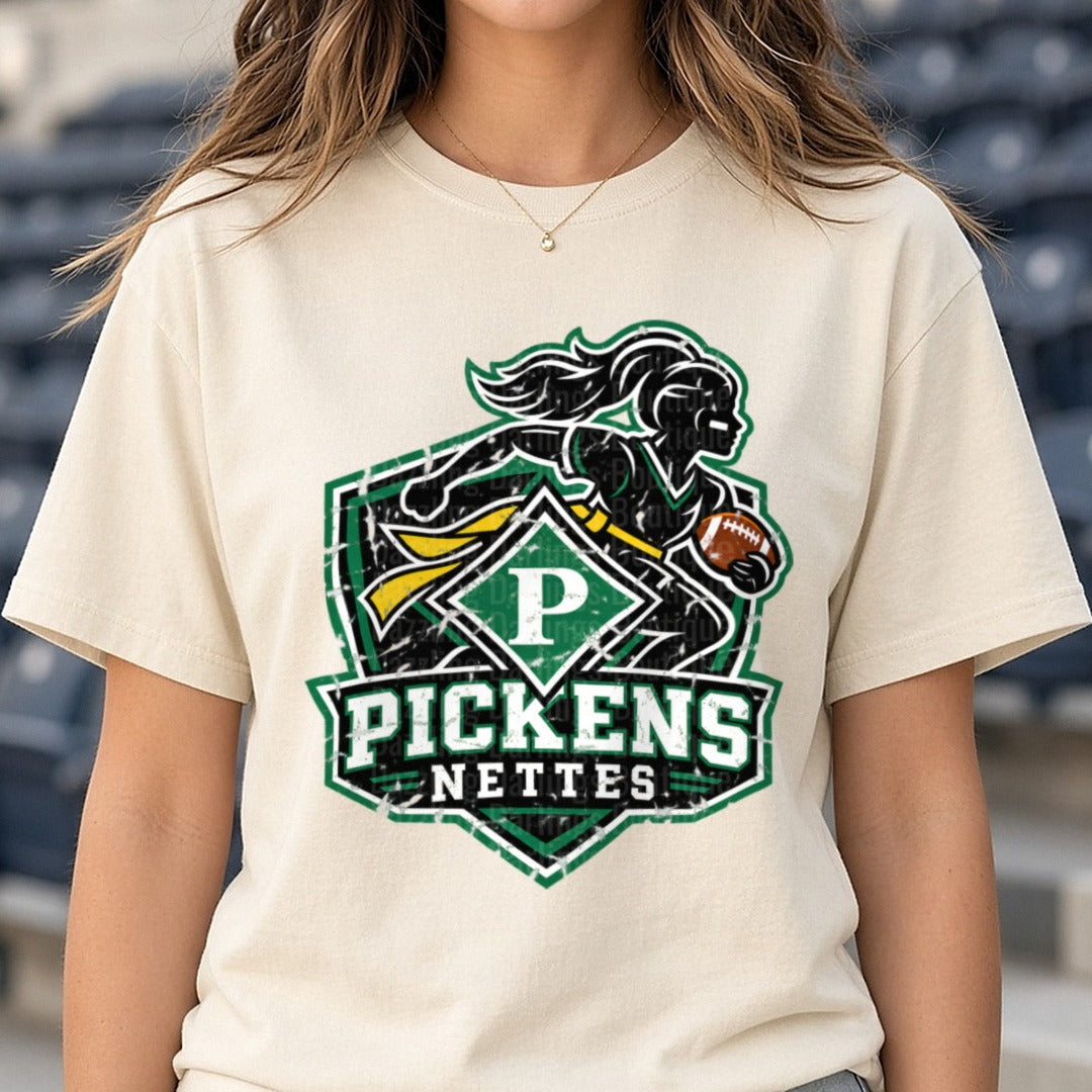Pickens Nettes Grunge Shield Female Football Player Logo DTF transfer shown on a Comfort Colors tee