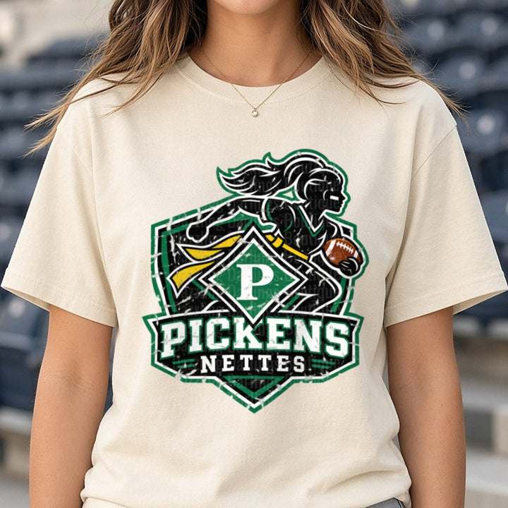 Pickens Nettes Grunge Shield Female Football Player Logo DTF transfer shown on a Comfort Colors tee
