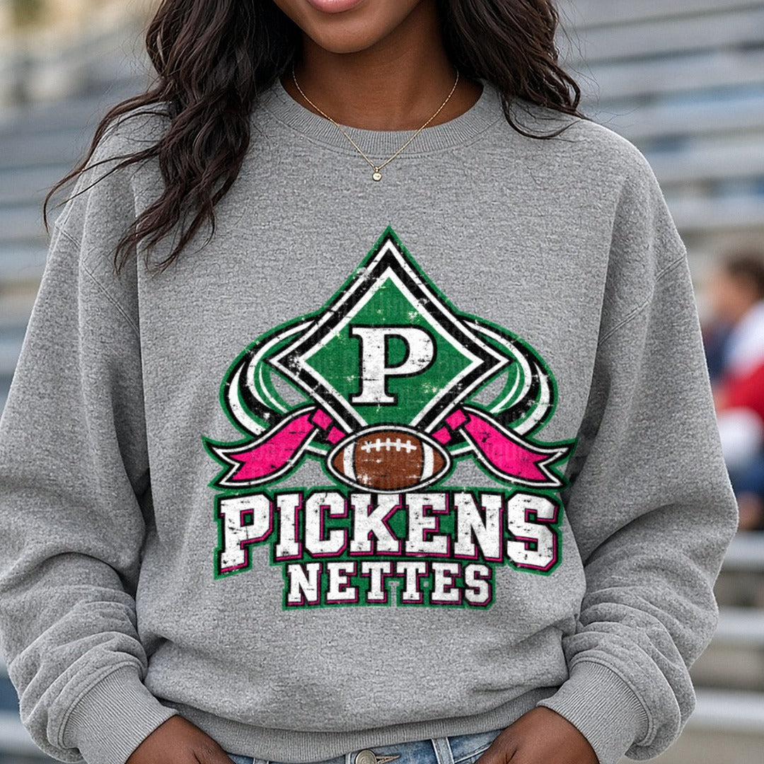 Pickens Nettes Football Distressed Spade Logo Green Pink DTF transfer shown on a Comfort Colors sweatshirt