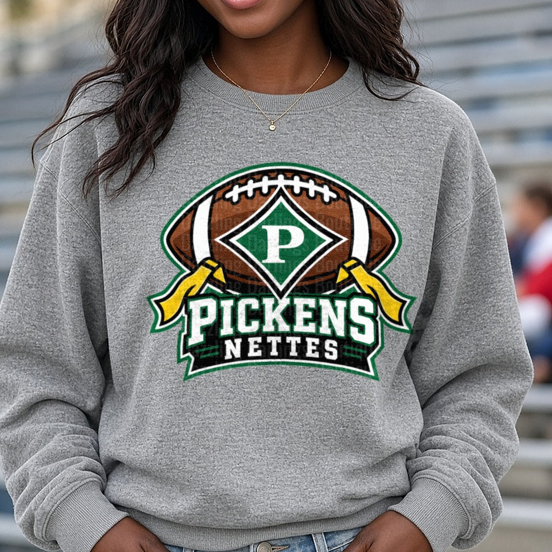 Pickens Nettes Football Logo Green Gold Spirit Design DTF transfer shown on a Comfort Colors sweatshirt