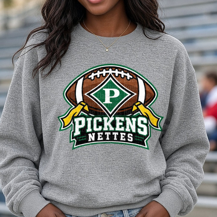 Pickens Nettes Football Logo Green Gold Spirit Design DTF transfer shown on a Comfort Colors sweatshirt