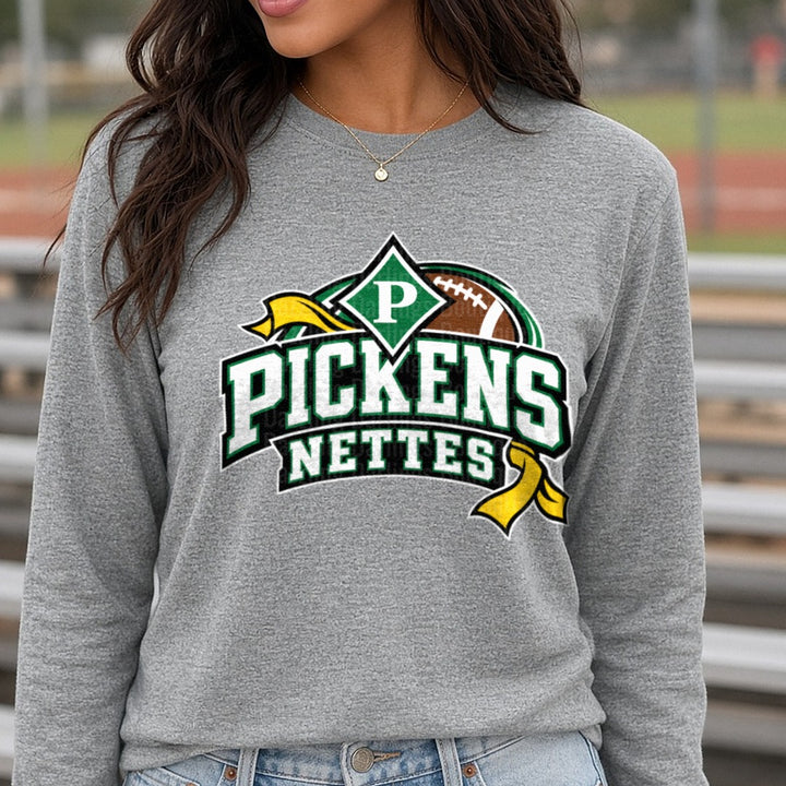 Pickens Nettes Football Logo Green Gold Diamond Banner DTF transfer shown on a Comfort Colors long sleeve tee