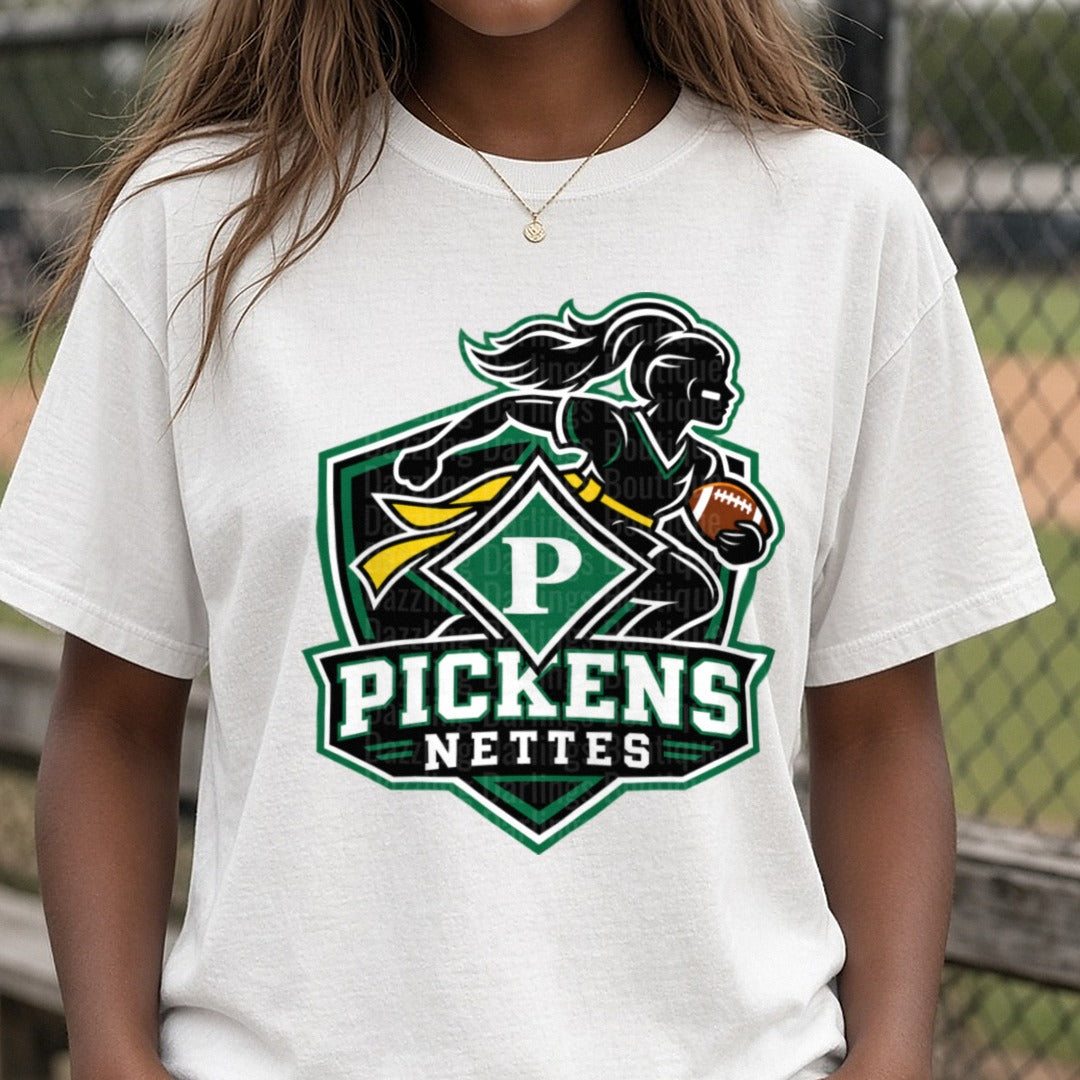 Pickens Nettes Female Football Player Shield Logo Yellow DTF transfer shown on a Comfort Colors tee