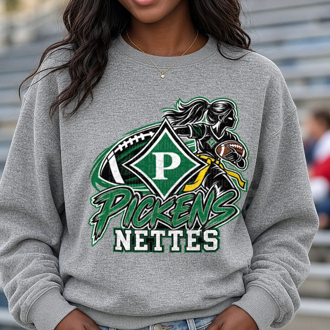 Pickens Nettettes Football Girl Running Back Green Diamond P Logo DTF transfer shown on a Comfort Colors sweatshirt