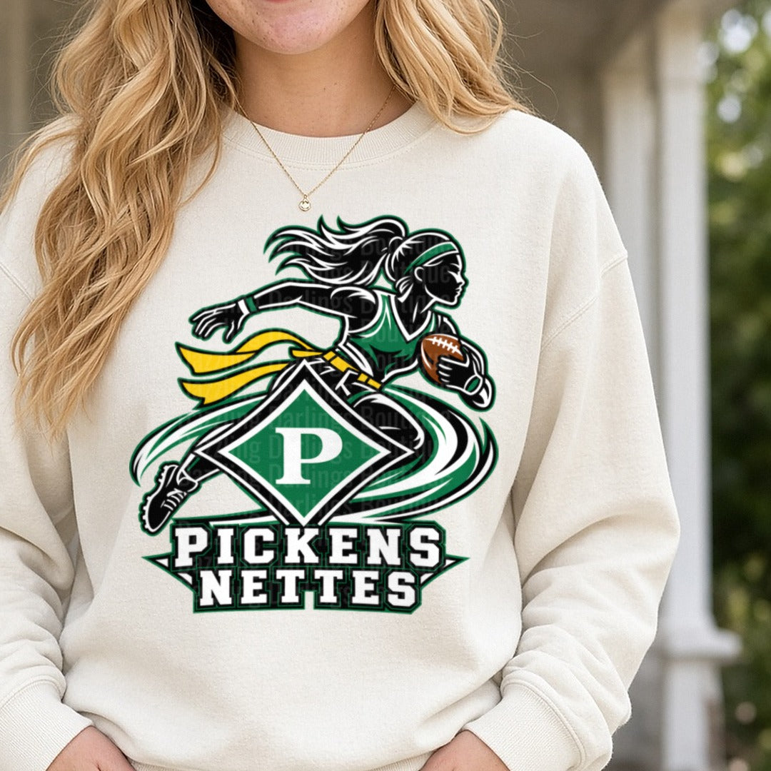 Pickens Nettes Flag Football Running Girl Green Gold Logo DTF transfer shown on a Comfort Colors sweatshirt