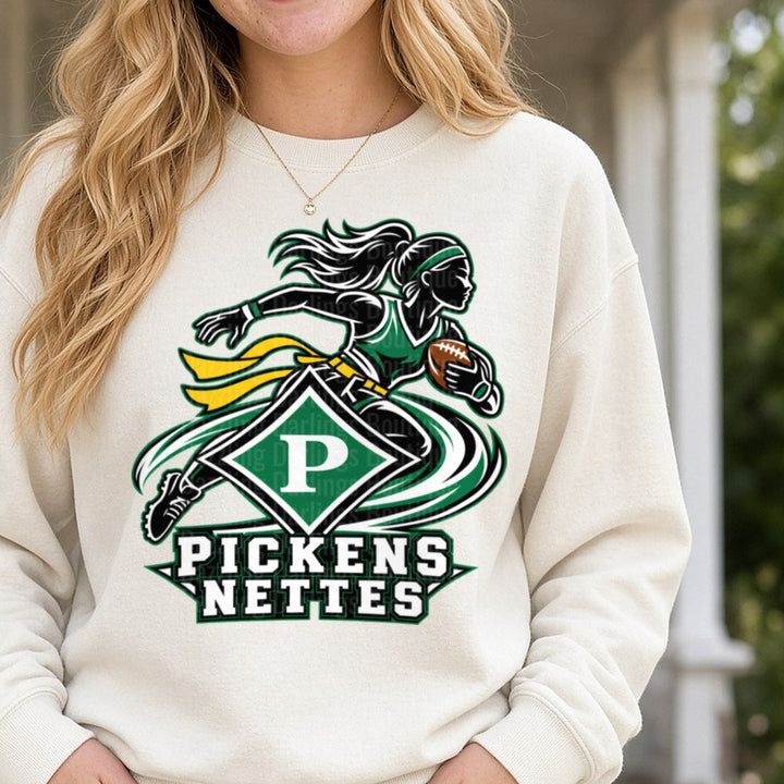 Pickens Nettes Flag Football Running Girl Green Gold Logo DTF transfer shown on a Comfort Colors sweatshirt