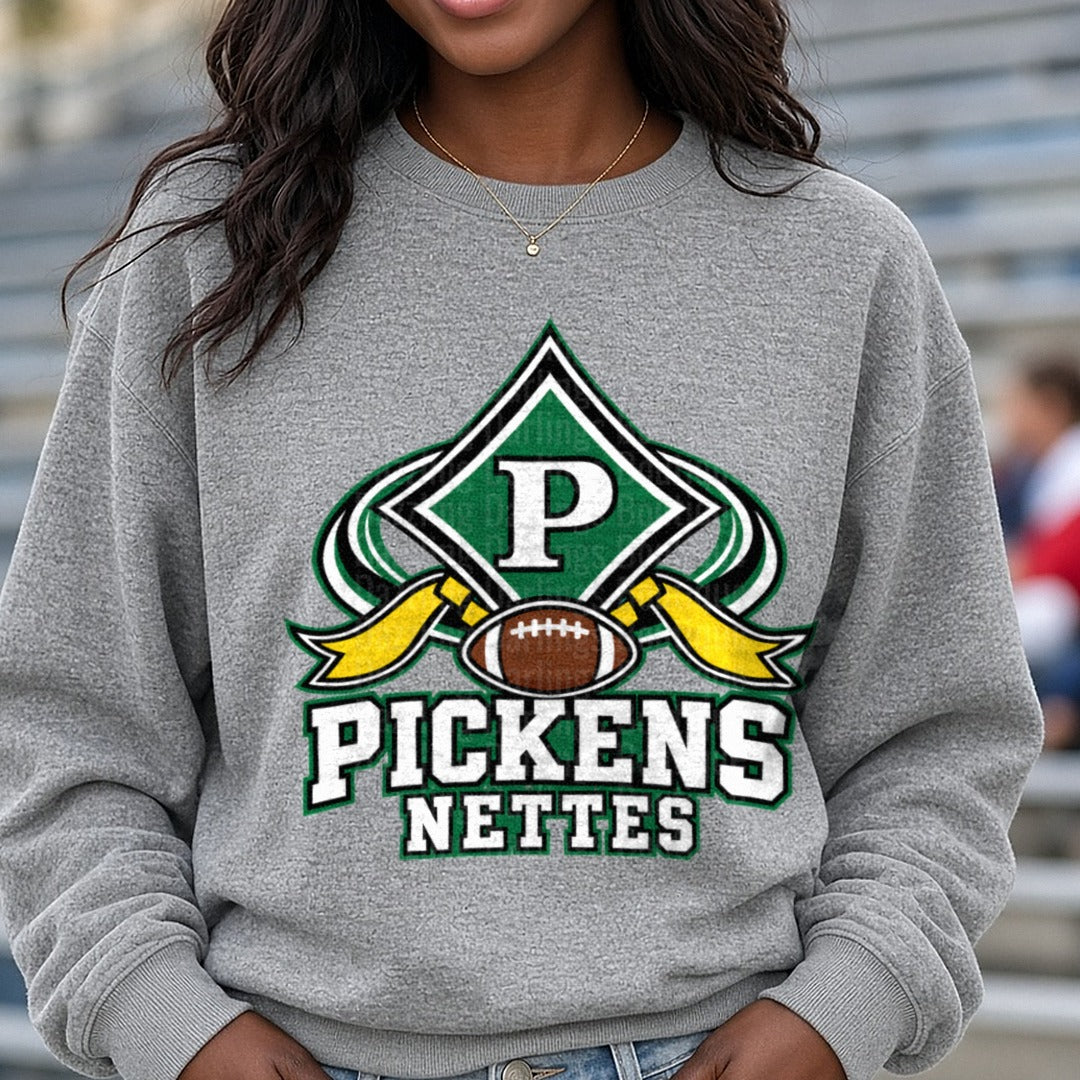 Pickens Nettes Football Logo Green Gold Spade Design DTF transfer shown on a Comfort Colors sweatshirt