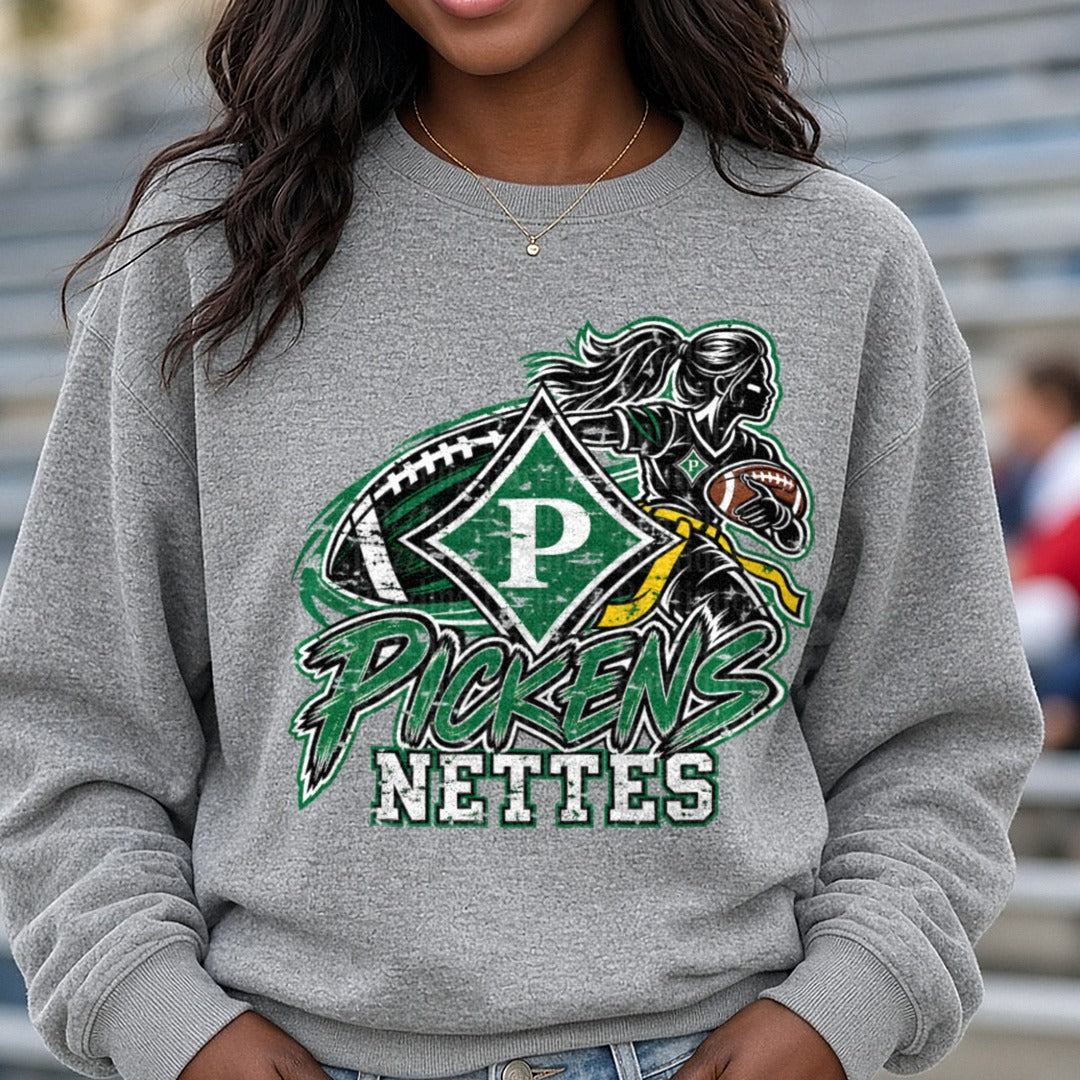 Pickens Nettettes Football Girl Green Diamond Logo Sparkle DTF transfer shown on a Comfort Colors sweatshirt