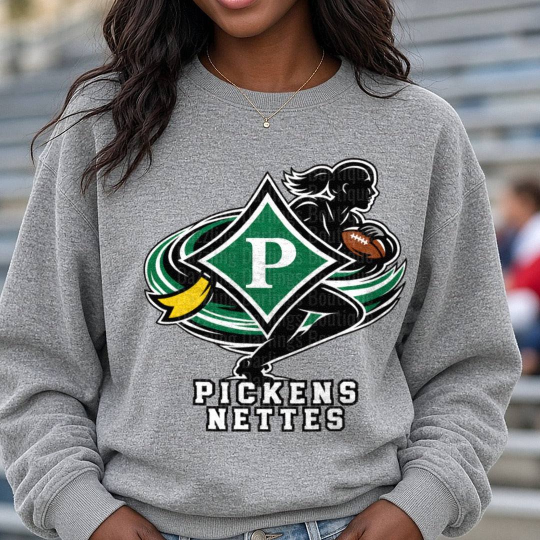 Pickens Nettes Female Football Player Silhouette Logo DTF transfer shown on a Comfort Colors sweatshirt