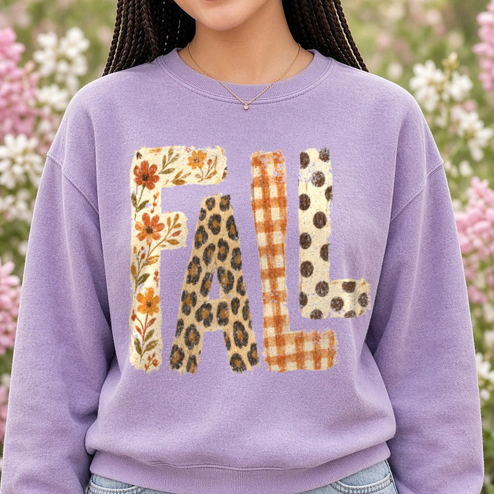FALL Mixed Pattern Letters Floral Leopard Plaid Polka Dot DTF transfer shown on a Comfort Colors sweatshirt