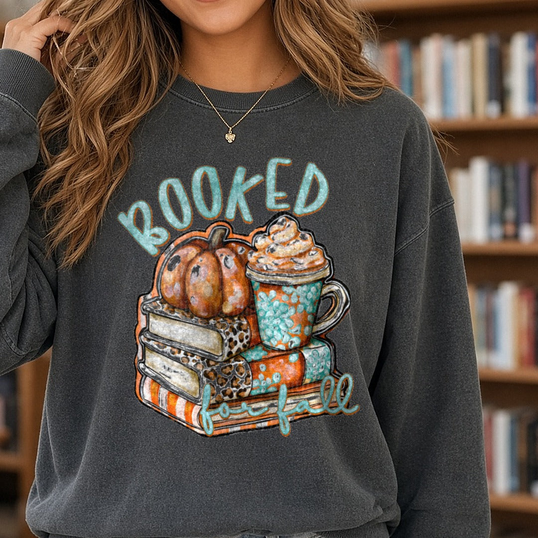 Booked For Fall Pumpkin Books Latte Leopard Print Design DTF transfer shown on a Comfort Colors sweatshirt
