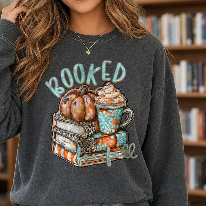Booked For Fall Pumpkin Books Latte Leopard Print Design DTF transfer shown on a Comfort Colors sweatshirt