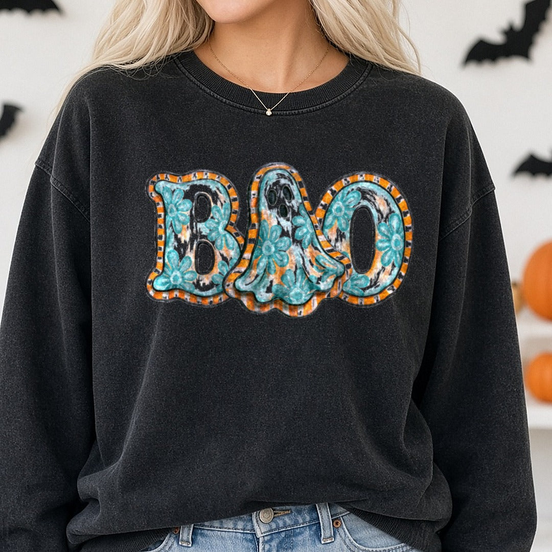 Boho Floral BOO Ghost Halloween Teal Orange Checkered Sign DTF transfer shown on a Comfort Colors sweatshirt