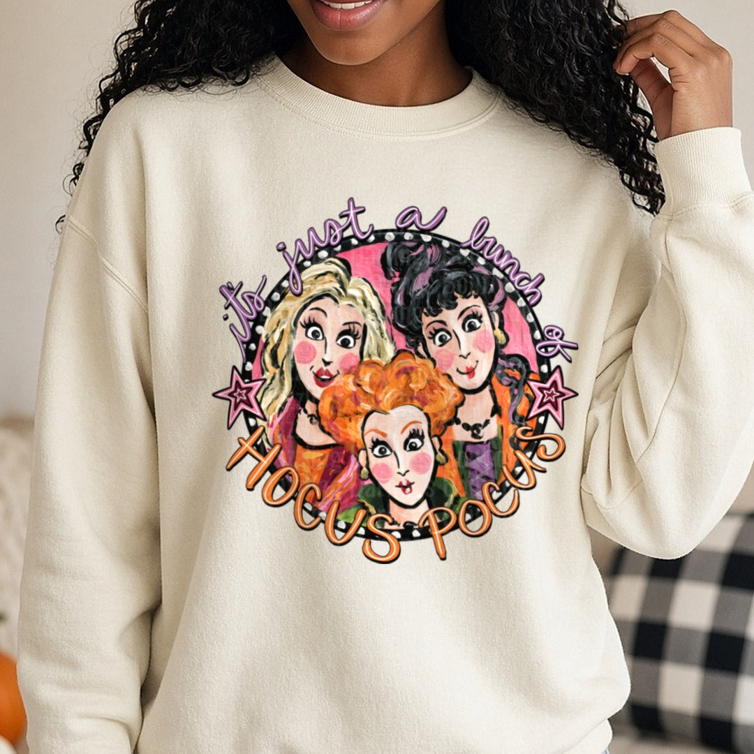 It's Just A Bunch Of Hocus Pocus Sanderson Sisters DTF transfer shown on a Comfort Colors sweatshirt