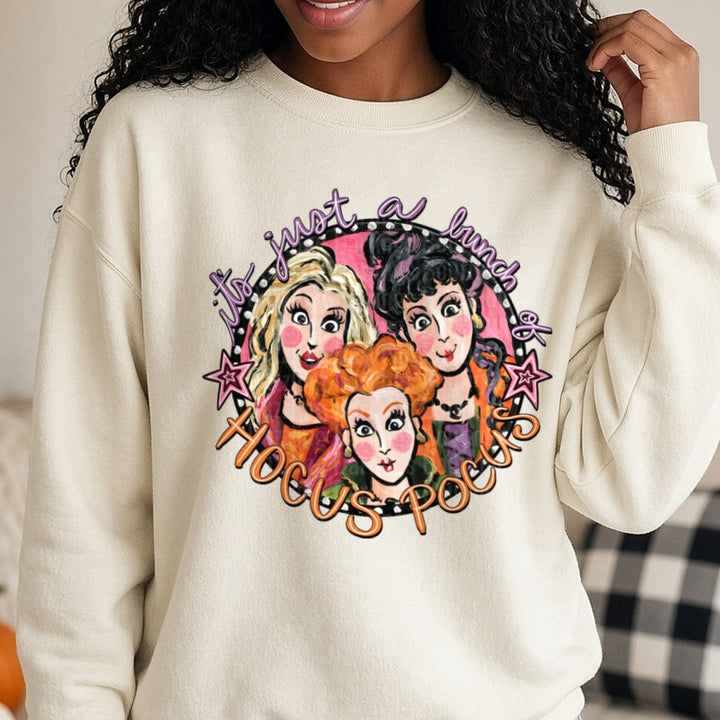 It's Just A Bunch Of Hocus Pocus Sanderson Sisters DTF transfer shown on a Comfort Colors sweatshirt