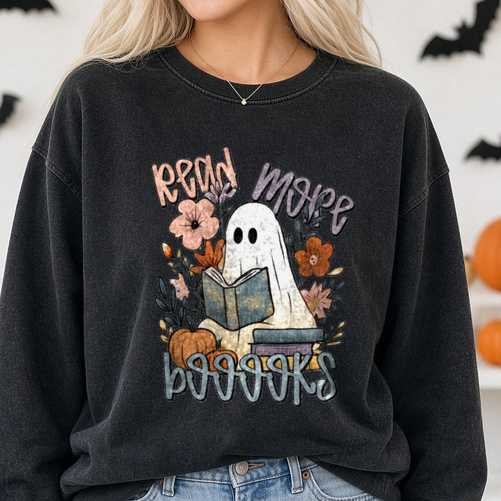 Read More Books Floral Ghost with Pumpkins Halloween DTF transfer shown on a Comfort Colors sweatshirt