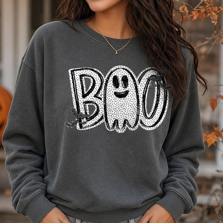 Halloween BOO Ghost with Bats Polka Dot Design DTF transfer shown on a Comfort Colors sweatshirt