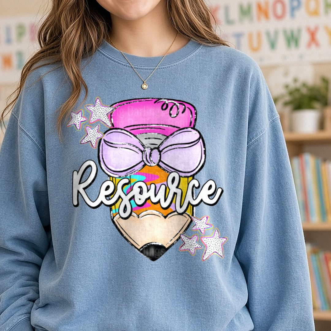 Resource Teacher Pencil with Purple Bow and Stars DTF transfer shown on a Comfort Colors sweatshirt