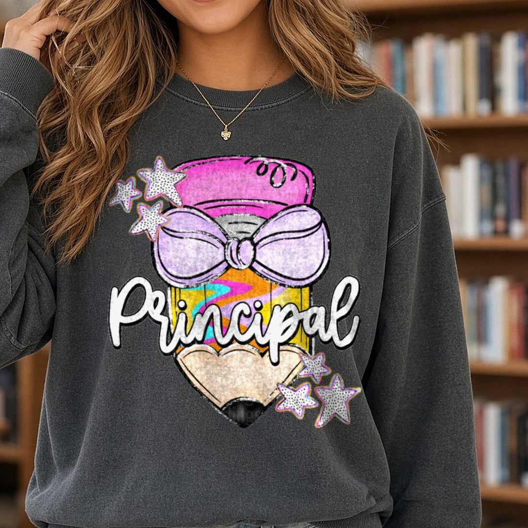 Retro Boho Pencil with Bow and Stars Principal Design DTF transfer shown on a Comfort Colors sweatshirt
