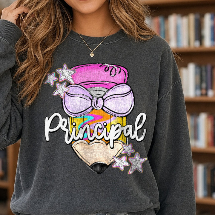 Retro Boho Pencil with Bow and Stars Principal Design DTF transfer shown on a Comfort Colors sweatshirt