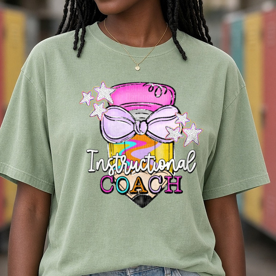 Instructional Coach Pencil with Bow and Stars DTF transfer shown on a Comfort Colors tee