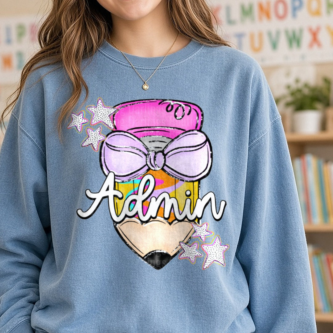 Cute Admin Pencil with Purple Bow and Stars Design DTF transfer shown on a Comfort Colors sweatshirt