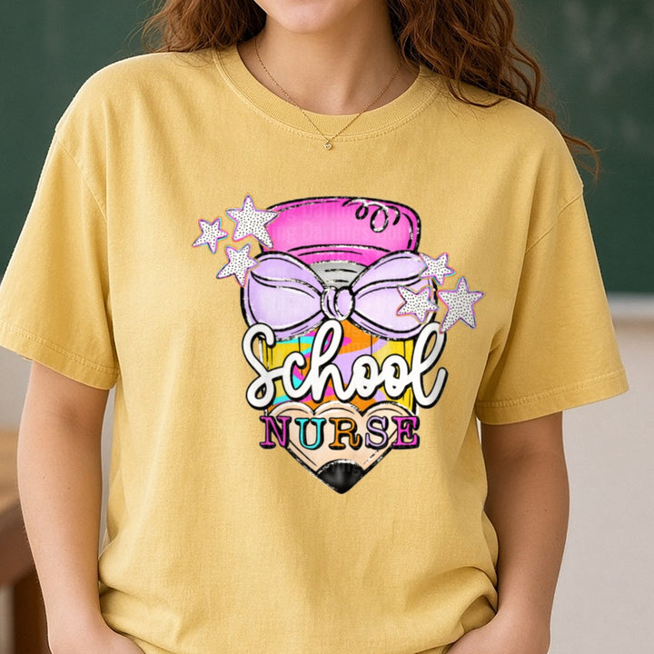 School Nurse Colorful Pencil with Bow and Stars Design DTF transfer shown on a Comfort Colors tee
