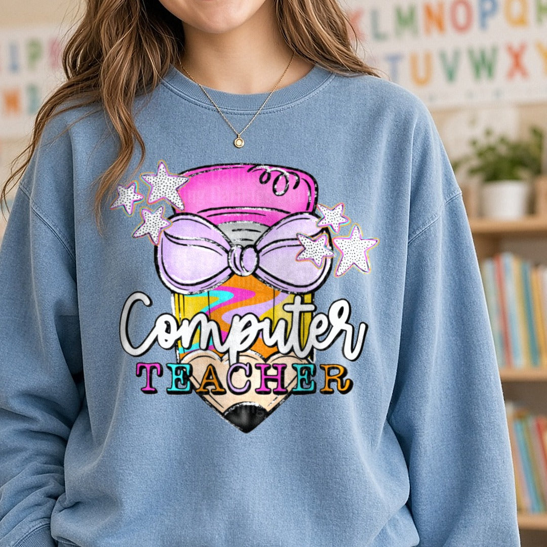 Boho Pencil with Bow and Stars Computer Teacher Design DTF transfer shown on a Comfort Colors sweatshirt