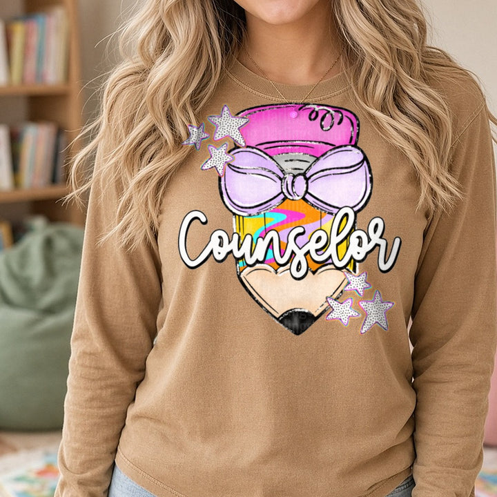 Counselor Bowtie Pencil with Stars Script Design DTF transfer shown on a Comfort Colors long sleeve tee