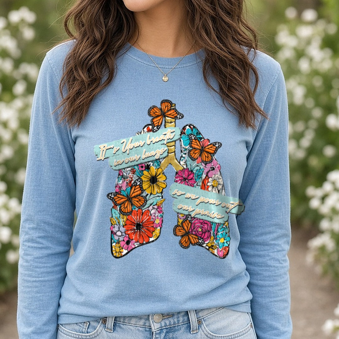 Floral Lungs Monarch Butterflies It's Your Breath In Our Lungs DTF transfer shown on a Comfort Colors long sleeve tee