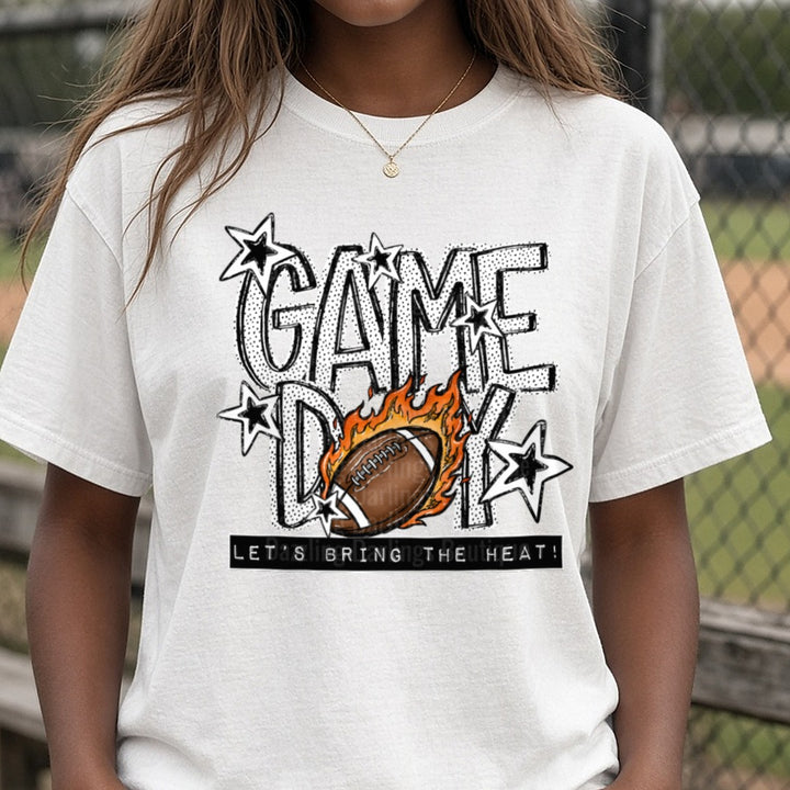 Game Day Let's Bring The Heat Flaming Football Stars DTF transfer shown on a Comfort Colors tee