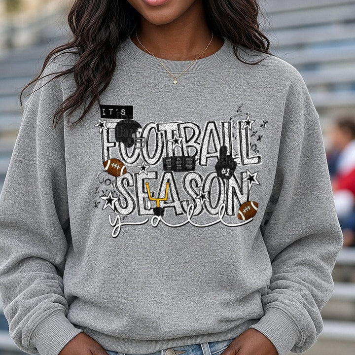 It's Football Season Y'all Doodle Lettering Design DTF transfer shown on a Comfort Colors sweatshirt