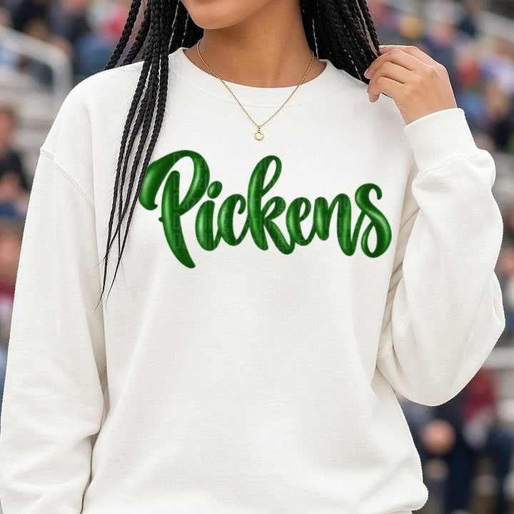Pickens Bold Green Script Lettering DTF transfer shown on a Comfort Colors sweatshirt