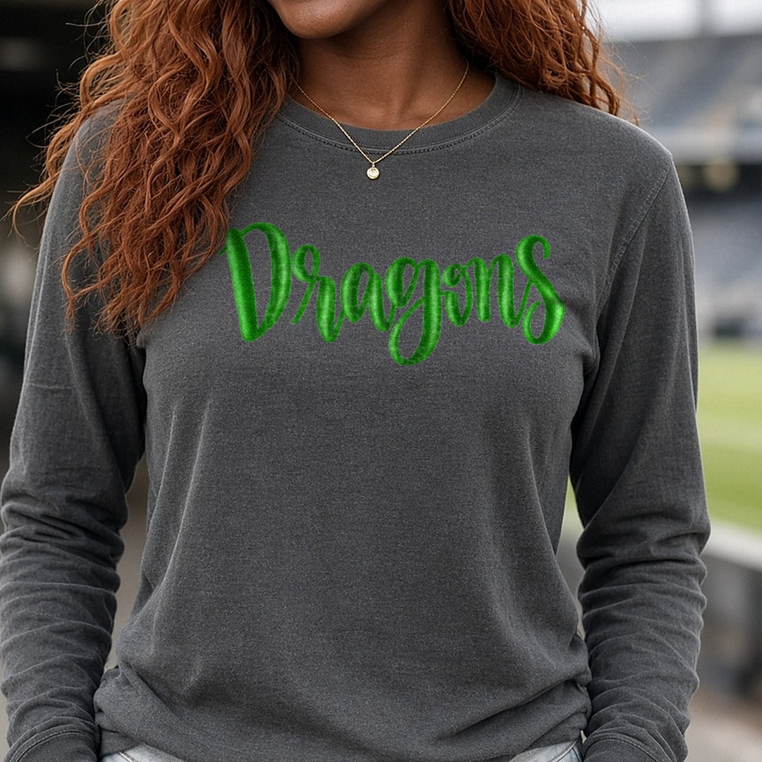 Green Dragons Bold Script Lettering DTF transfer shown on a Comfort Colors long sleeve tee